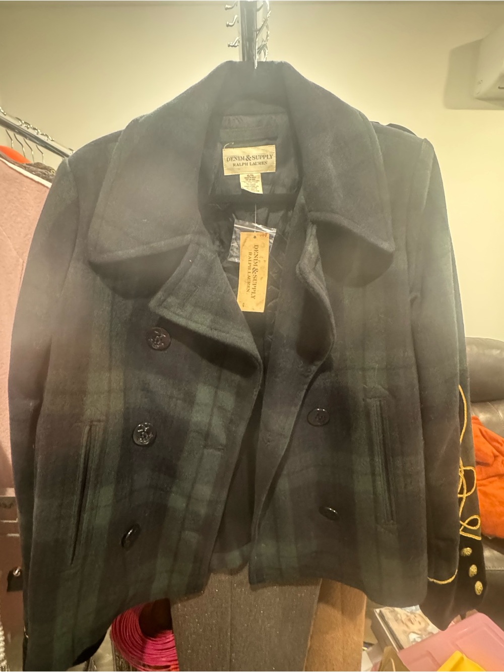 Denim & Supply Ralph Lauren Black and Dark Green Plaid Wool Peacoat